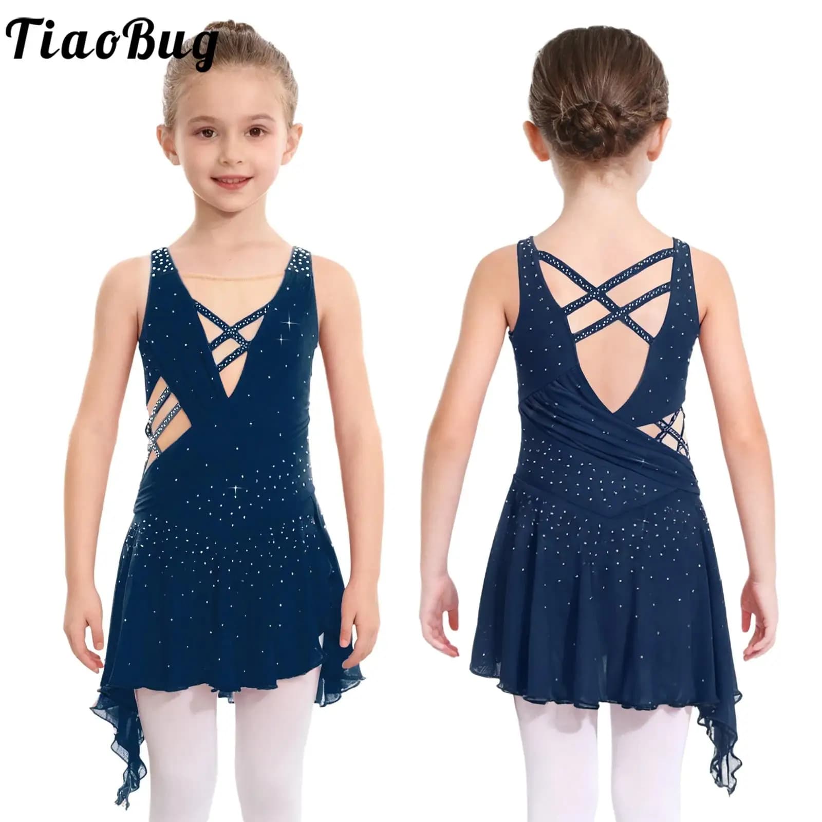 Vestito da ballo per balletto lirico per bambina, strass lucidi, body senza maniche in rete trasparente, costume da ginnastica artistica per pattinaggio di figura