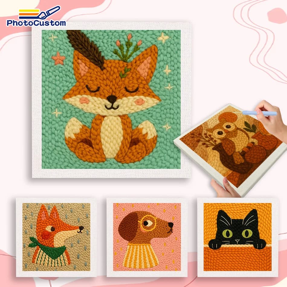 PhotoCustom Black Cat Diy Needle Punch Kit Arts and Crafts Diy Making Kits Animal Embroidery Punch Needle Kit Original Gifts Fun