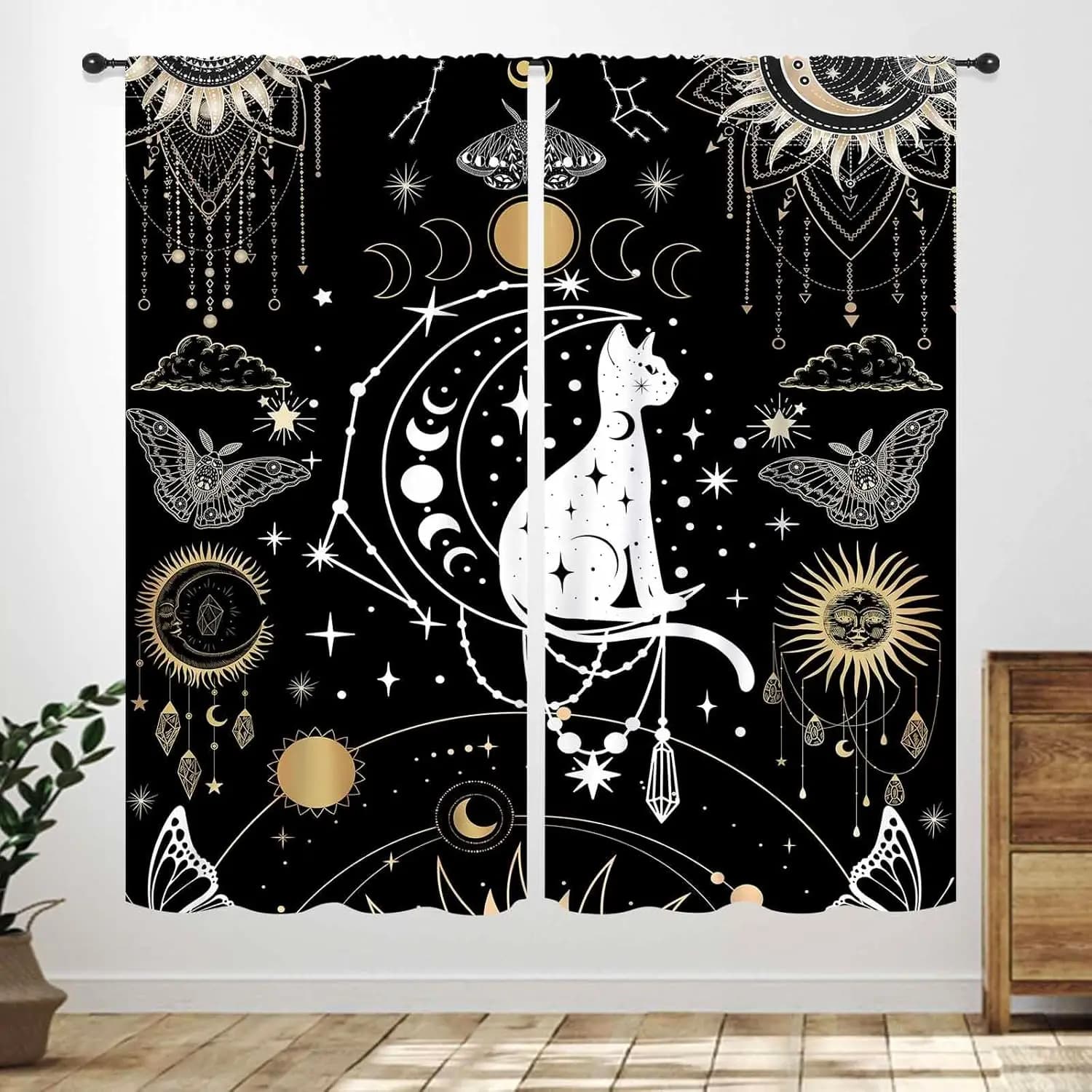 Tende dei tarocchi del gatto nero, fasi lunari falena strega misteriosa estetica celeste astrologia gotica tarocchi carte trattamenti per finestre