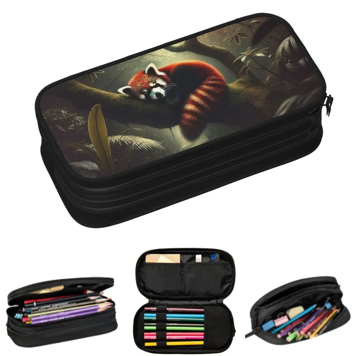 Pen holder with red raccoon design sleeping on the tree, for students, pen box, large capacity pen holder case
