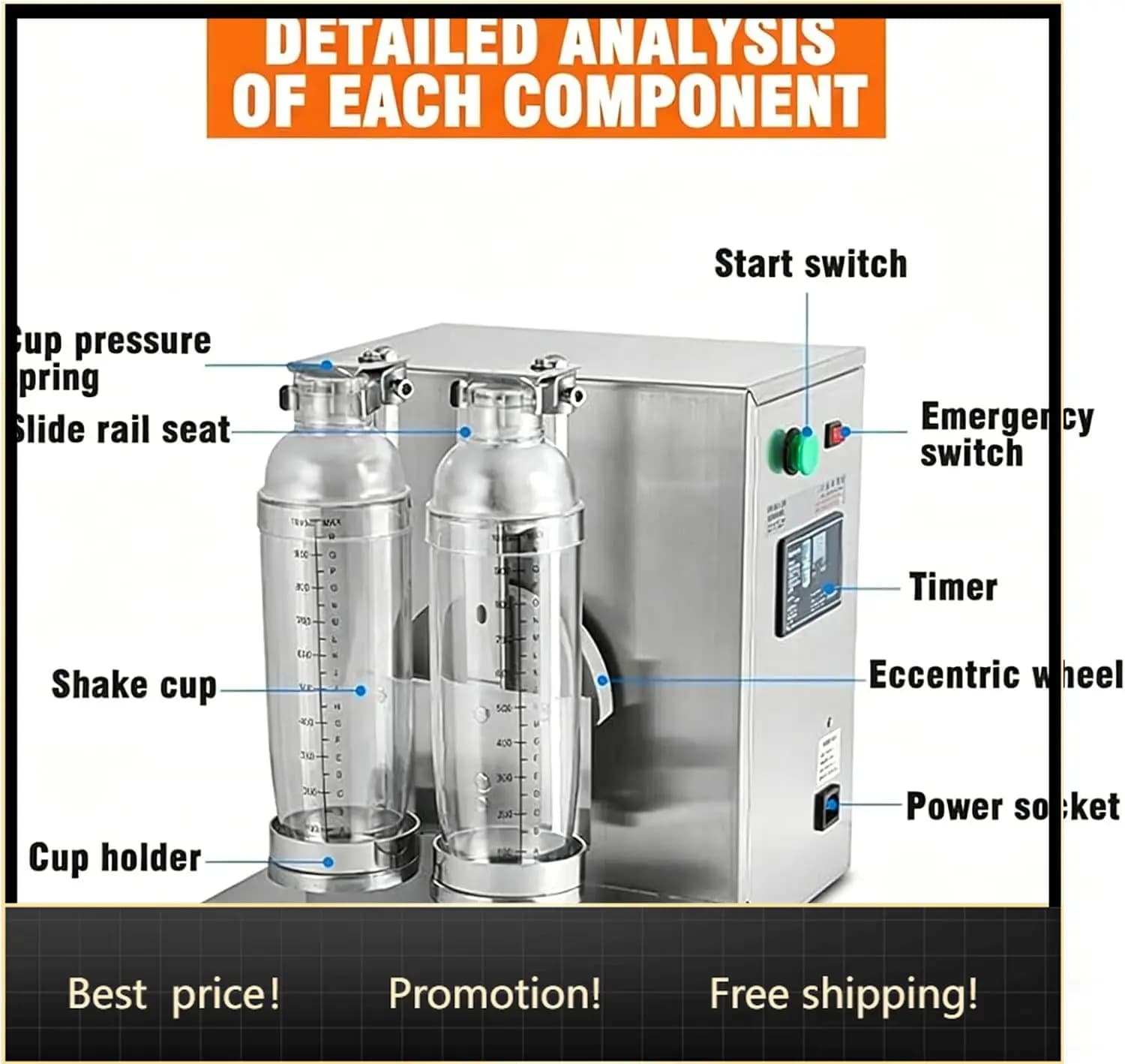 Milkshake Maker Electric Milk Tea Shaker Machine Cocktail & Drink Mixer Stainless Steel, Double Frame Bubble Tea Shaker,0-120s A
