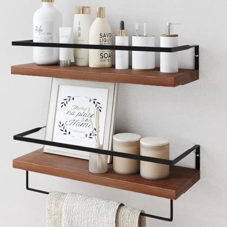 Mensole Galleggianti in Legno da Parete - Set da 2 Mensole Rustiche a 2+1 Livelli per Bagno con Porta Asciugamani, Stile Fattoria