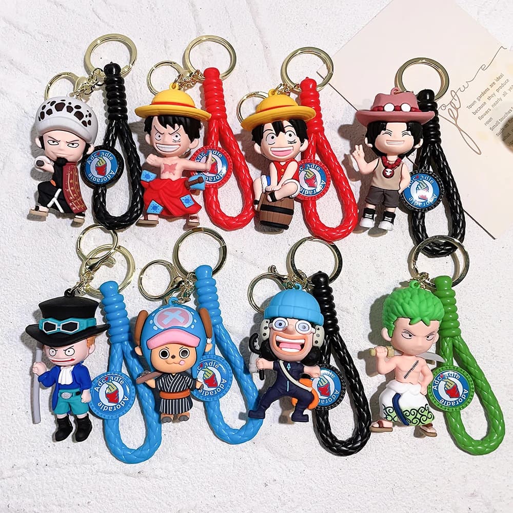 Set di 1/8 Portachiavi in Silicone 3D con Cinturino Intrecciato One Piece, Personaggi Anime Luffy, Ace, Law, Zoro, Chopper, Sabo, Charm per Borsa