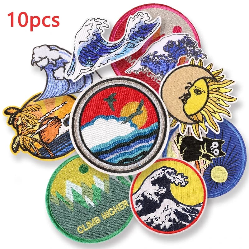 10pcs Lot Sea Sun Iron On Patches For Jeans Clothes Hat Jacket Mochila Backpack Embroidered Thermoadhesive Pack Mix Fabric Sew