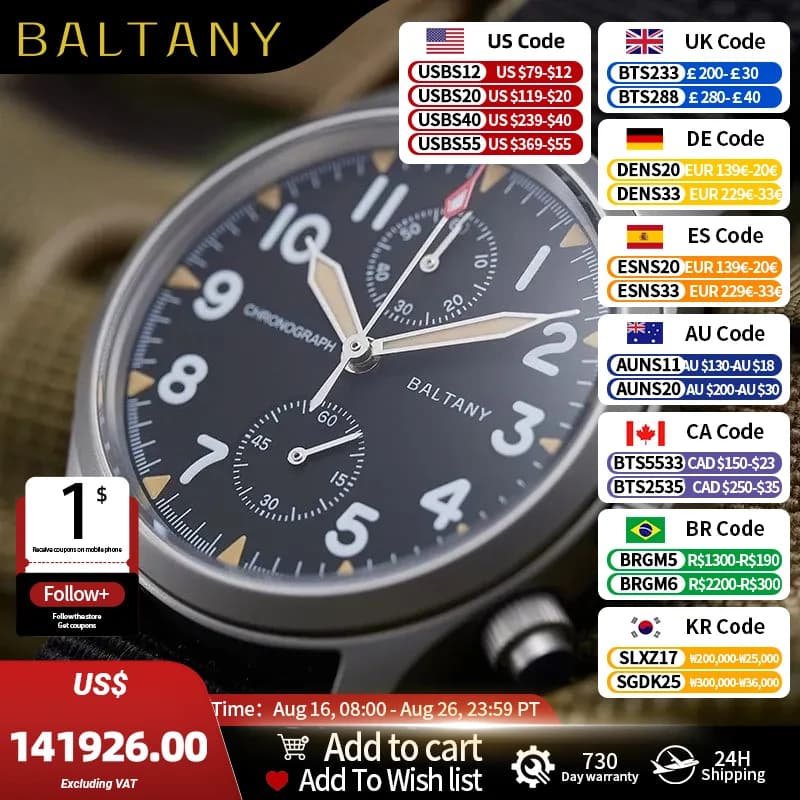Baltany S5033 Chronograph Watch Man Pilot Watch Waterproof 100MM Sapphire Stainless Steel 39MM Quartz Military Watches For Man