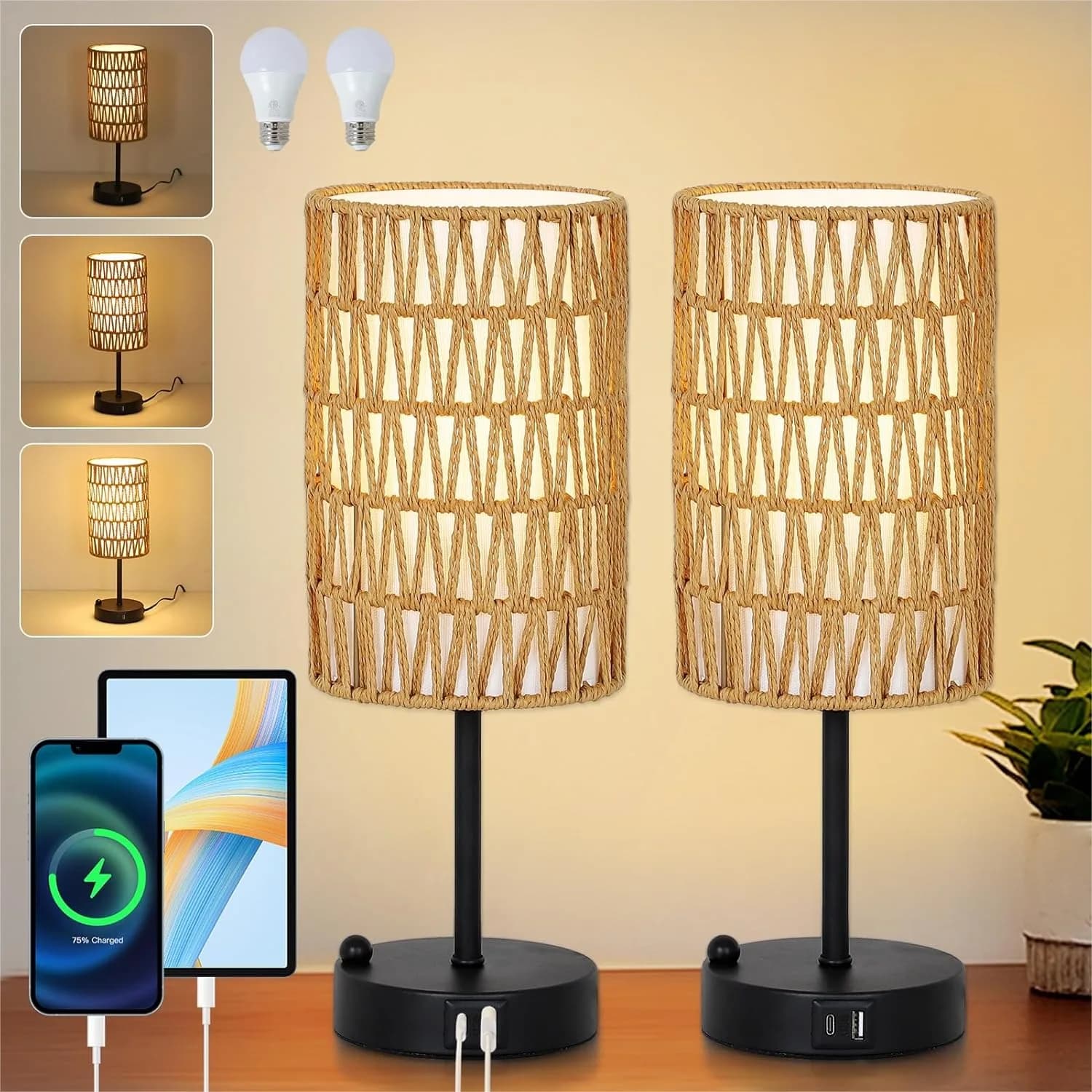Set di 2 Lampade da Tavolo Touch con Ricarica USB, Lampade da Comodino Dimmerabili a 3 Livelli, Piccole Lampade da Scrivania Boho con Rattan