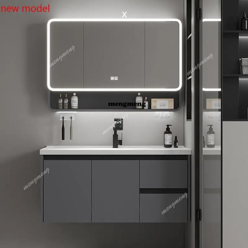 H134 Armadietti da Bagno Intelligenti Rinforzati con Lavabo e Specchio, Mobili Moderni per il Bagno con Spazio di Archiviazione