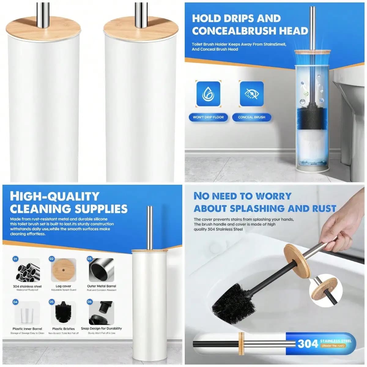 Compact Toilet Brush And Holder 2 Pack,SetStainlSteel Handle Toilet Brush,Deep Cleaning,Durable Nylon Bristles,Splash-Proof Desi