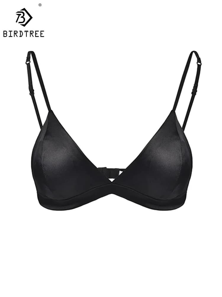 BirdTree 93% seta senza reggiseno ad anello in acciaio, raso setoso sexy da donna, set di slip intimo a coppa a triangolo, estate 2024 nuovo S43994QM