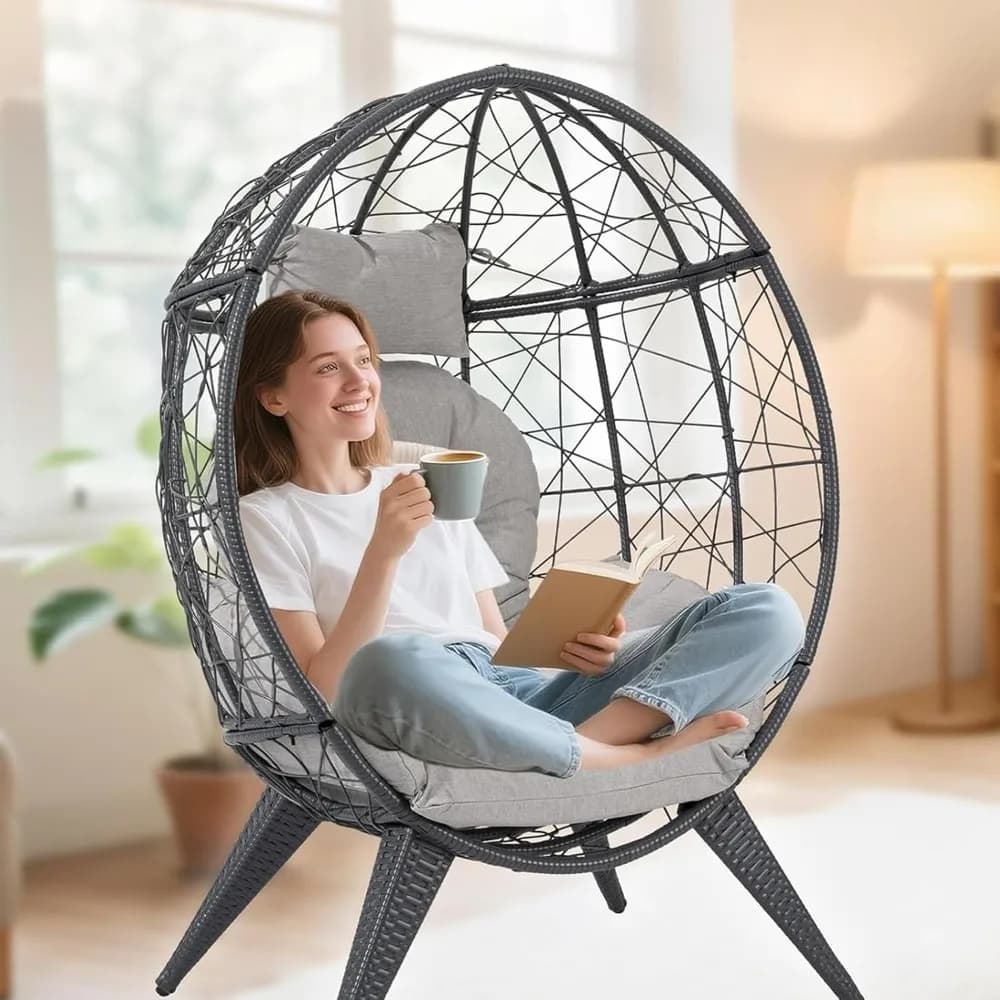 Poltrona a Uovo in Rattan per Adulti, Sedia a Uovo Grande in Vimini per Interni ed Esterni con Cuscini Imbottiti, Struttura in Acciaio, Personalizzabile
