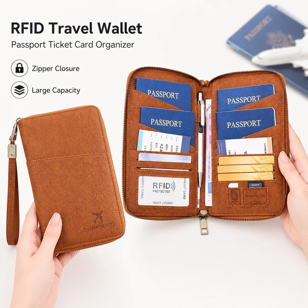 RFID Blocking Passport Wallet Large Capacity PU Leather Travel Document Organizer Zip Case for Passport Tickets Cards Pen