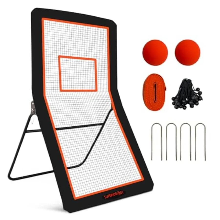 Rete di Rimbalzo per Lacrosse 4x7FT, Attrezzatura per Allenamento Pallavolo, Rete di Rimbalzo a Diversi Angoli con 2 Palline da Lacrosse per Giardino