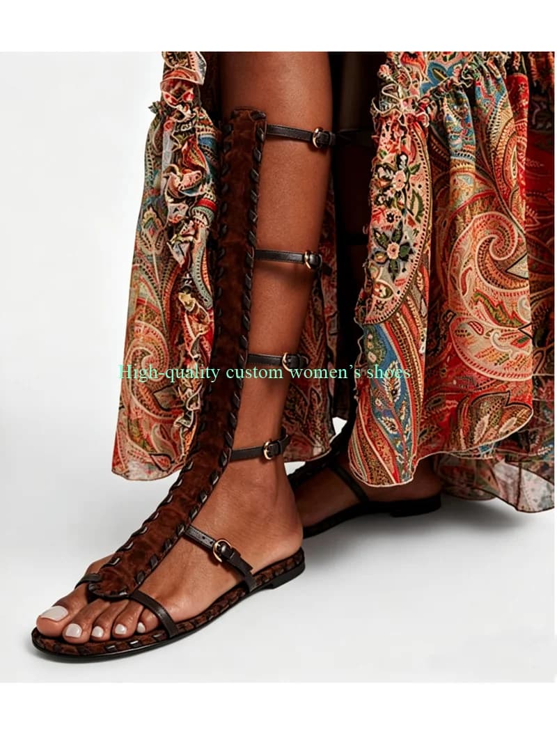 Chocolate Round-toe, Open-Toe Flat Sandals Belt Buckle Decorative Summer Cutouts Knee-High Boots Manual Luxury Sandals