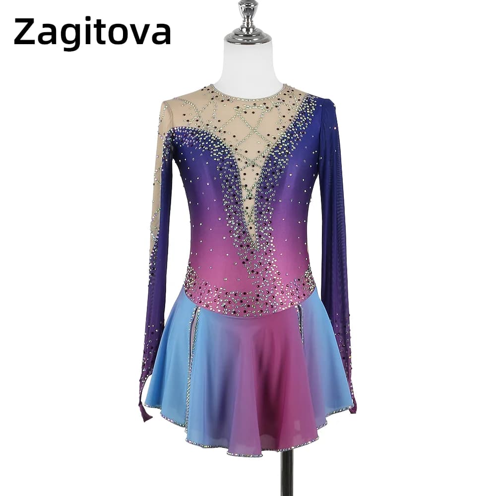 Zagitova Abito da pattinaggio di figura personalizzato Gonna da pattinaggio su ghiaccio per ragazze da donna Concorso di prestazioni Gonna a rete sfumata con diamanti lucidi