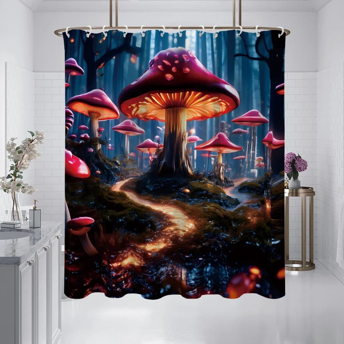 Tenda da doccia stampata con motivo mashroom wonderland 1PC, impermeabile, lavabile, con 12 ganci, bagno doccia, vasca da bagno, uso domestico
