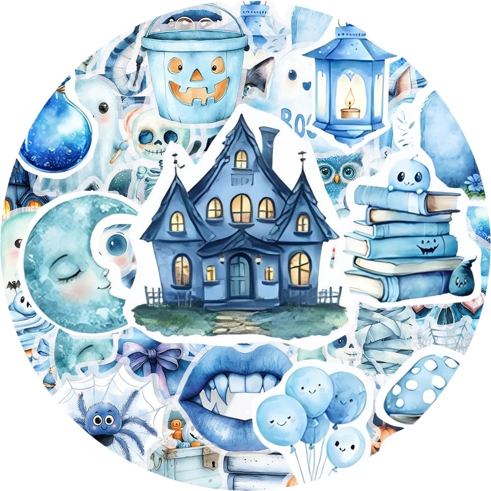 10/30/50pcs Cute Blue Halloween Theme Cartoon Stickers Waterproof DIY Stationery Luggage Phone Funny Decoration Sticker Toy Gift
