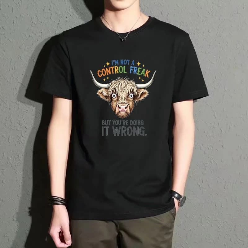 Men's Black Round-Neck Short-Sleeved T-Shirt, Fun Animal Print Casual Top, Personalized Text Pattern Design, Everyday Street Fashion Versatile Style, Comfortable and Breathable
