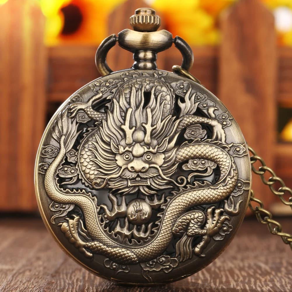 Vintage Bronze Dragon Animal Shape Clock Pocket Watch,With Necklace Pendant Chain , Quartz Movement,Gift Clock For Men and Kids