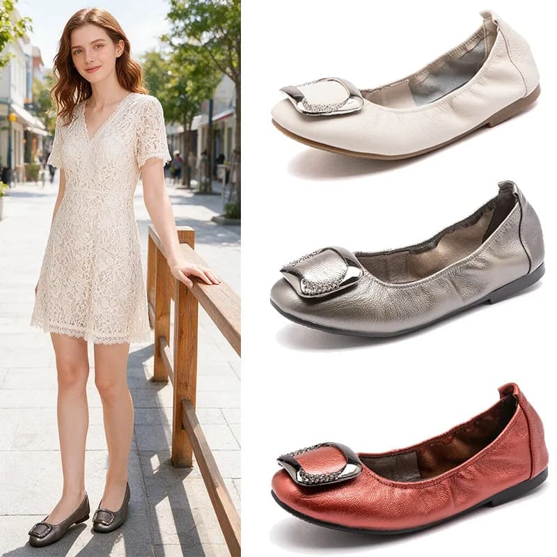 Womens Ballet Flats Leather Square Toe Rhinestone Buckle Foldable Slip on Shoes Elegant Office Travel Walking Comfort Flat Shoes