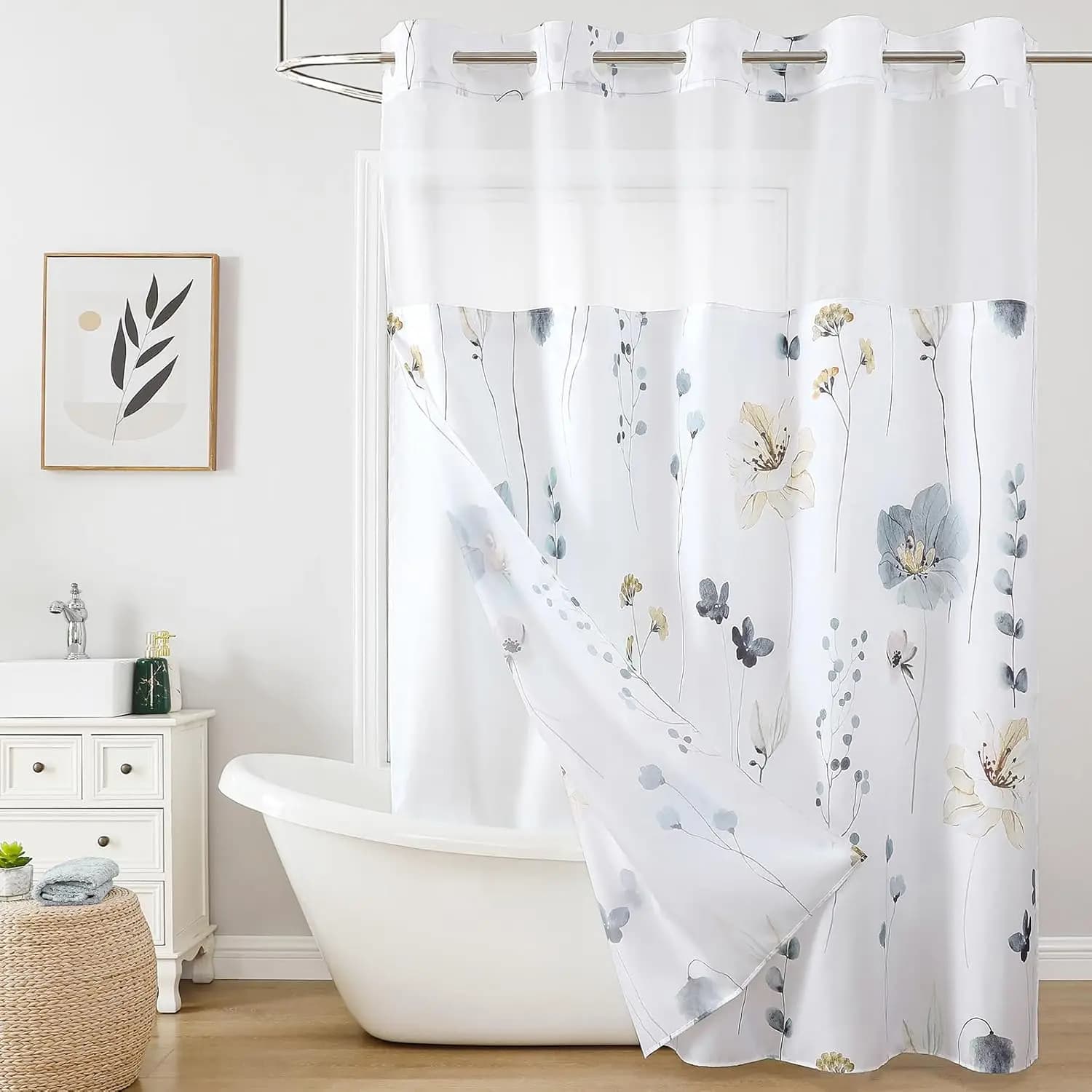 Tenda da Doccia Floreale Grigia ad Acquerello con Fodera a Scatto, Finestra in Rete, Set Bagno Impermeabile in Tessuto 72x75 Pollici