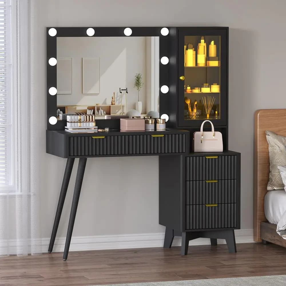 Toeletta da Trucco Scanalata con 45 Scomparti, Specchio e Luci, Piano in Vetro, 5 Cassetti, Mobiletto Regolabile con Illuminazione a LED