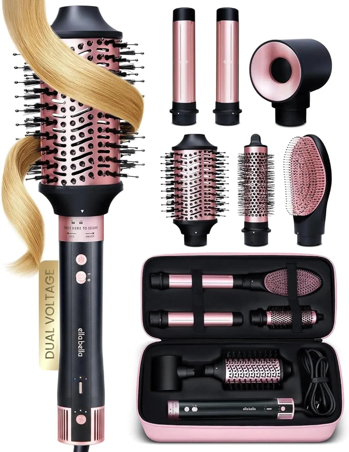 Set Styler ad Aria Calda 6-in-1 a Doppio Voltaggio, Asciugacapelli e Piastra, Asciugatura Rapida, Arricciatura e Volumizzazione con Custodia da Viaggio