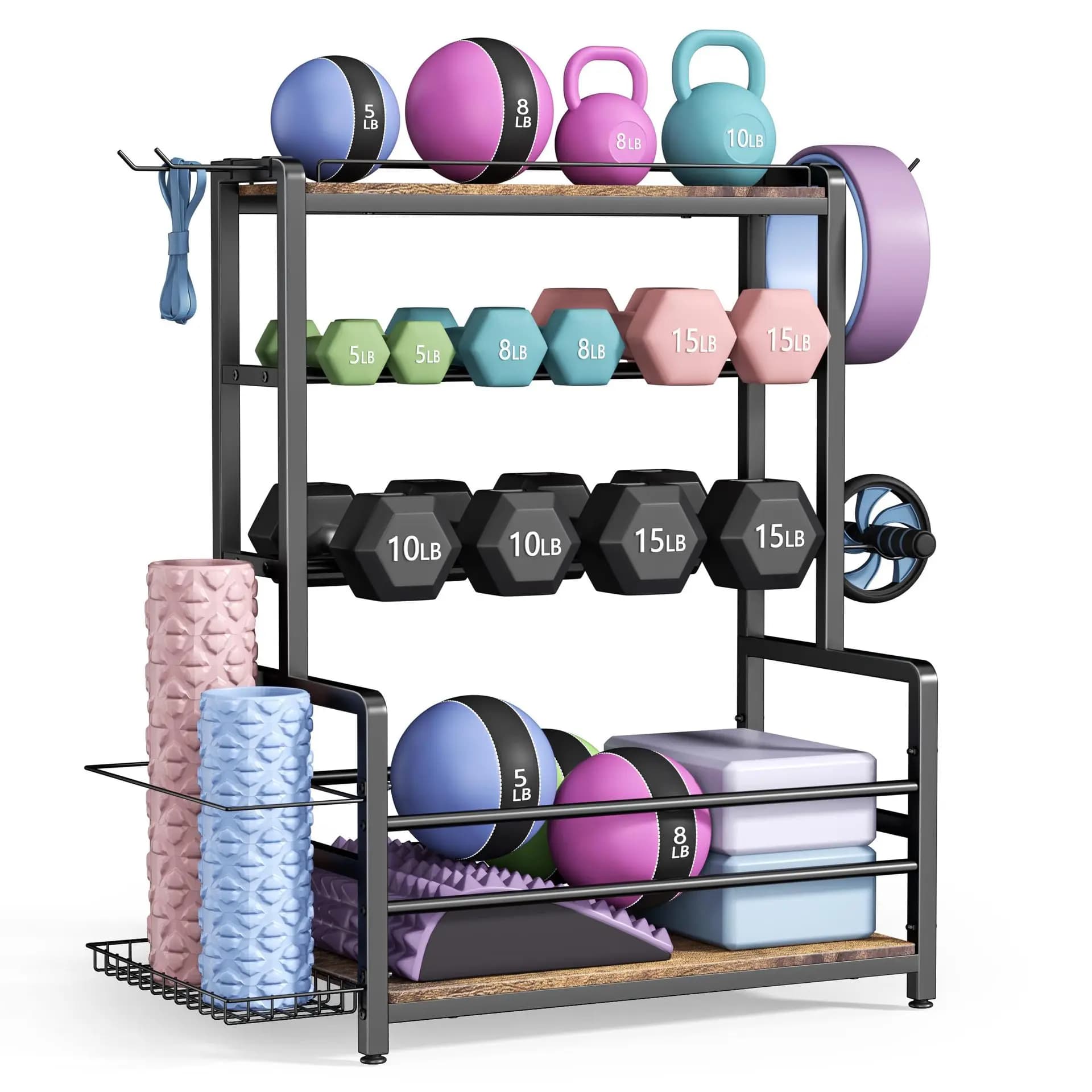 # Scaffale porta attrezzi fitness in metallo a quattro livelli, design da pavimento per organizzare tappetini yoga, manubri e rulli in schiuma