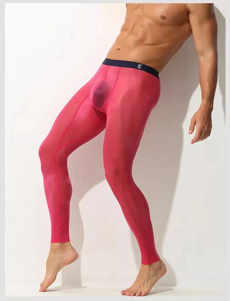 Pantaloni leggings da uomo singolo pezzo stretto ultra-sottile elastico in seta di ghiaccio completamente trasparente sexy pantaloncini fitness trasparenti