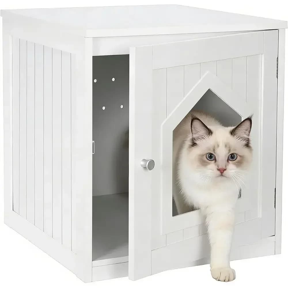 Cat House & Side Table, Enclosed Cat Litter Box with Vent Holes, Wooden Cat Washroom, White