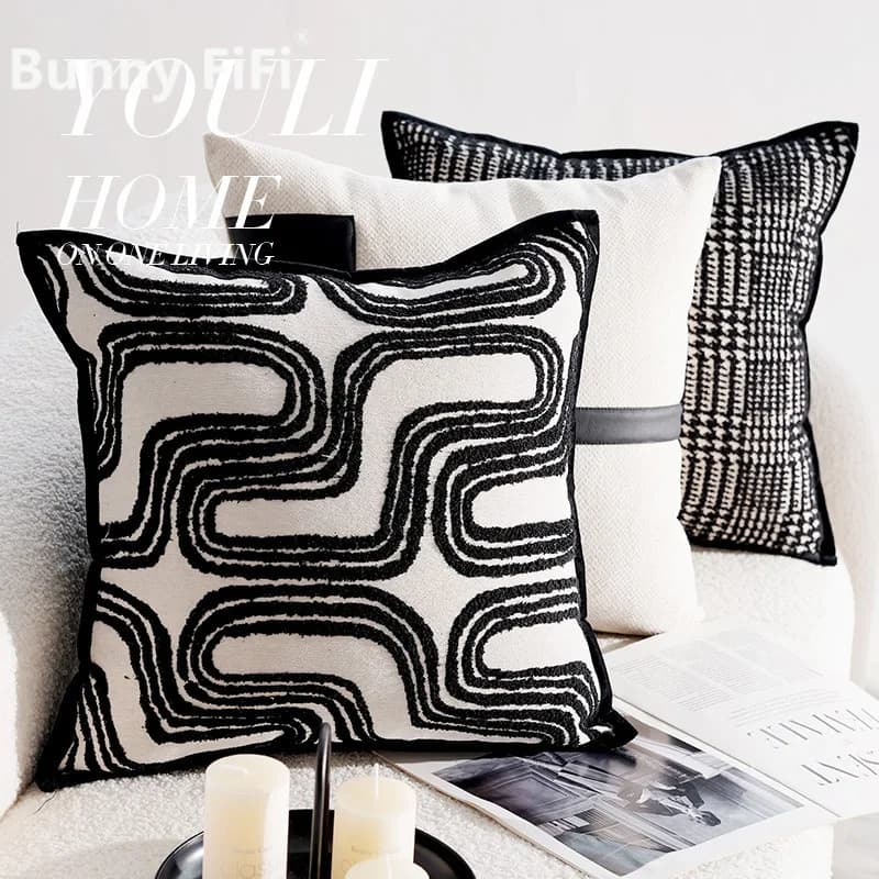 Fodera per cuscino decorativa ricamata a righe in stile nordico marocchino, bianco e nero, tuftata, per letto, divano, soggiorno