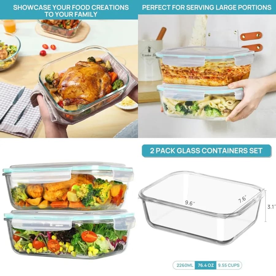 Set di 2 Contenitori in Vetro da 2260ml con Coperchi Ermetici, per Conservazione Alimenti e Preparazione Pasti, Ideali per Cucinare