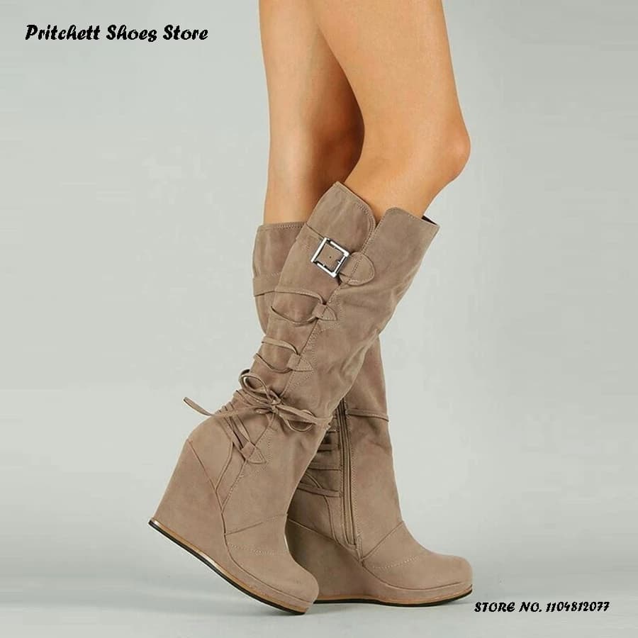 Boots with cross wedge on the back of women Spring Autumn Street Style Side zipper shoes Knee boots with high heel and retro round tip