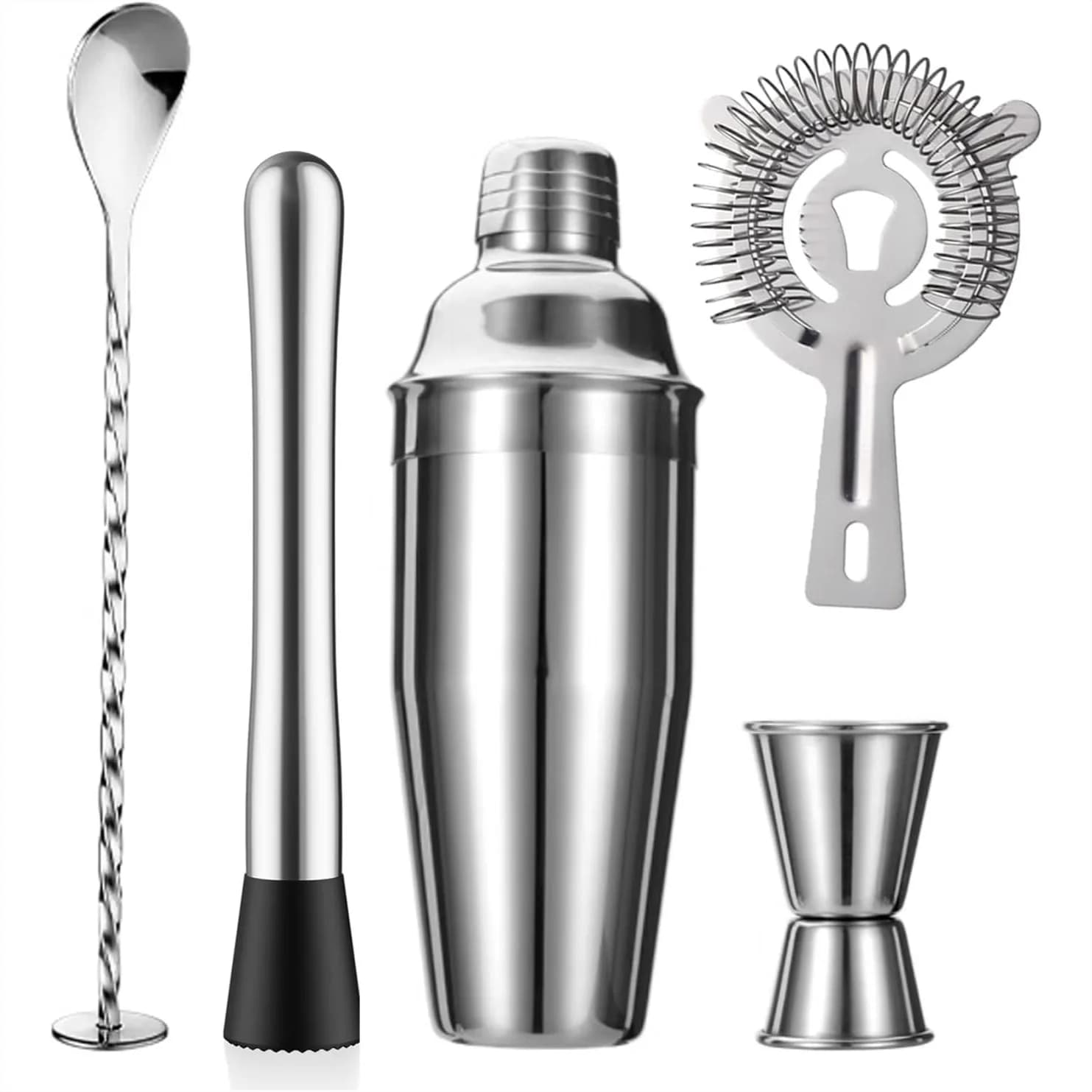 Set da Cocktail 5 Pezzi con Strainer, Jigger, Cucchiaio, Muddler - Kit da Barman in Acciaio Inossidabile per Bar Domestico