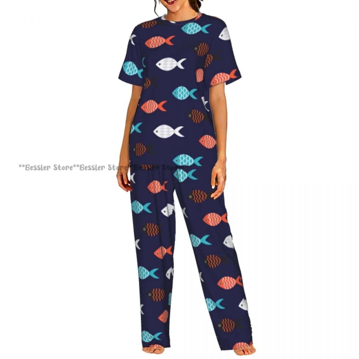 Set pigiama casual da donna con pantaloni a maniche corte con motivo a pesci colorati