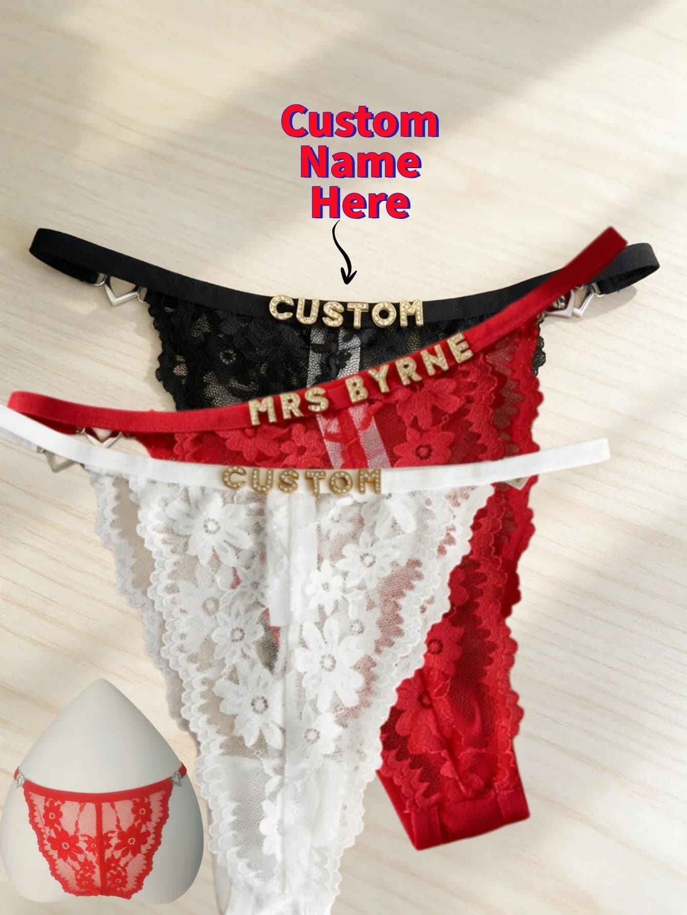 Custom Rhinestone Letter Name Text Sexy Lace Thong Panties Low Rise G-string Personalized Gift Wife Lover Anniversary Festival