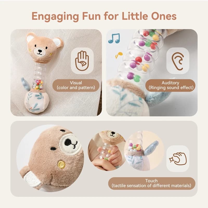 0-12Baby Bear Rattle Early Learning Educational Toy Sensory Soothing Soft Plush Animal Rattle for Crib Handheld Baby Toy Toddler