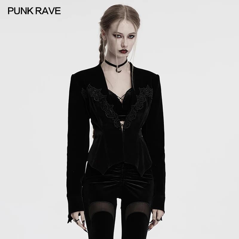 PUNK RAVE Giacca da donna in velluto gotico stampato con fodera in raso con orlo a pipistrello Profondo scollo a V Eleganza Capispalla femminile vintage nero
