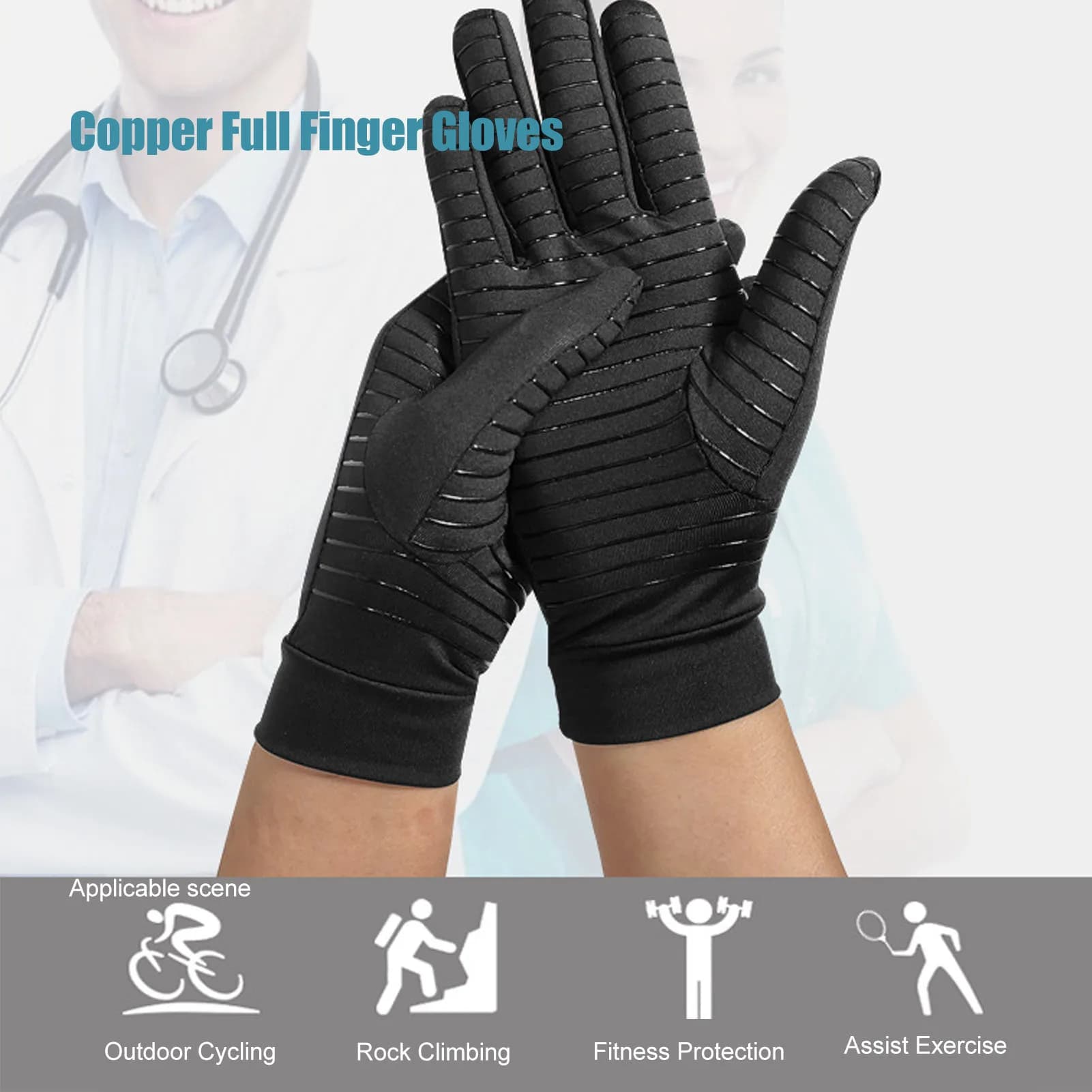 Guanti Guanti a compressione con dita intere in rame Uomo Donna Guanti per alleviare il dolore da artrite per ciclismo all'aperto