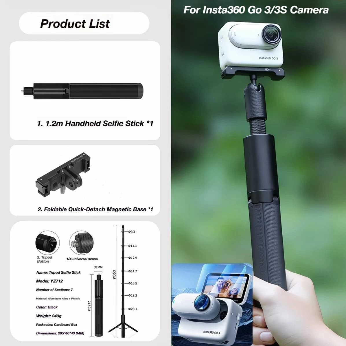 2-in-1 Invisible Selfie Stick Tripod Extendable For Insta360 X5/X4 Air/Go Ultra/Ace Pro 2/Gopro/DJI Osmo 360/Nano/Action 6 5 4 3