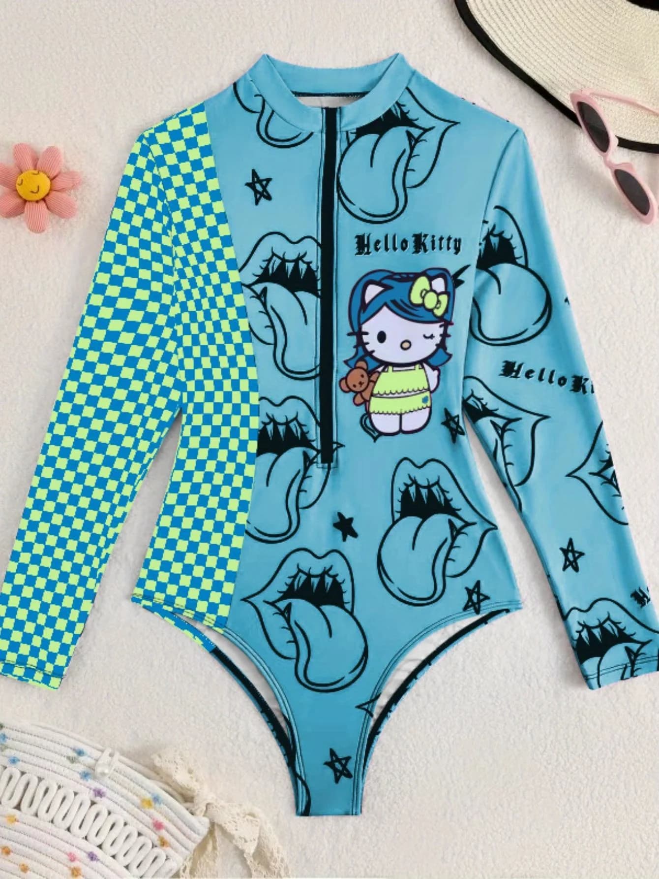 Set bikini a fascia azzurro Hello Kitty da donna con laccetti laterali, costume da bagno a costine per l'estate e la spiaggia