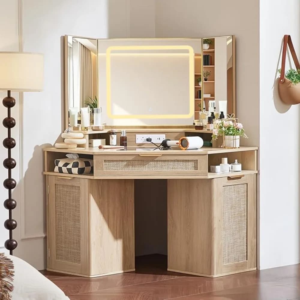 Toeletta angolare con specchio a 3 vie e luci, toeletta da trucco in rattan da 46'' con cassetto in vetro, stile Boho bianco, personalizzabile