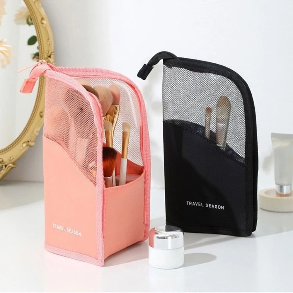 Borsa per cosmetici con supporto per donna Borsa per trucco con cerniera trasparente Porta pennelli per trucco femminile Organizer Borsa da toilette Borsa per pennelli per trucco da viaggio