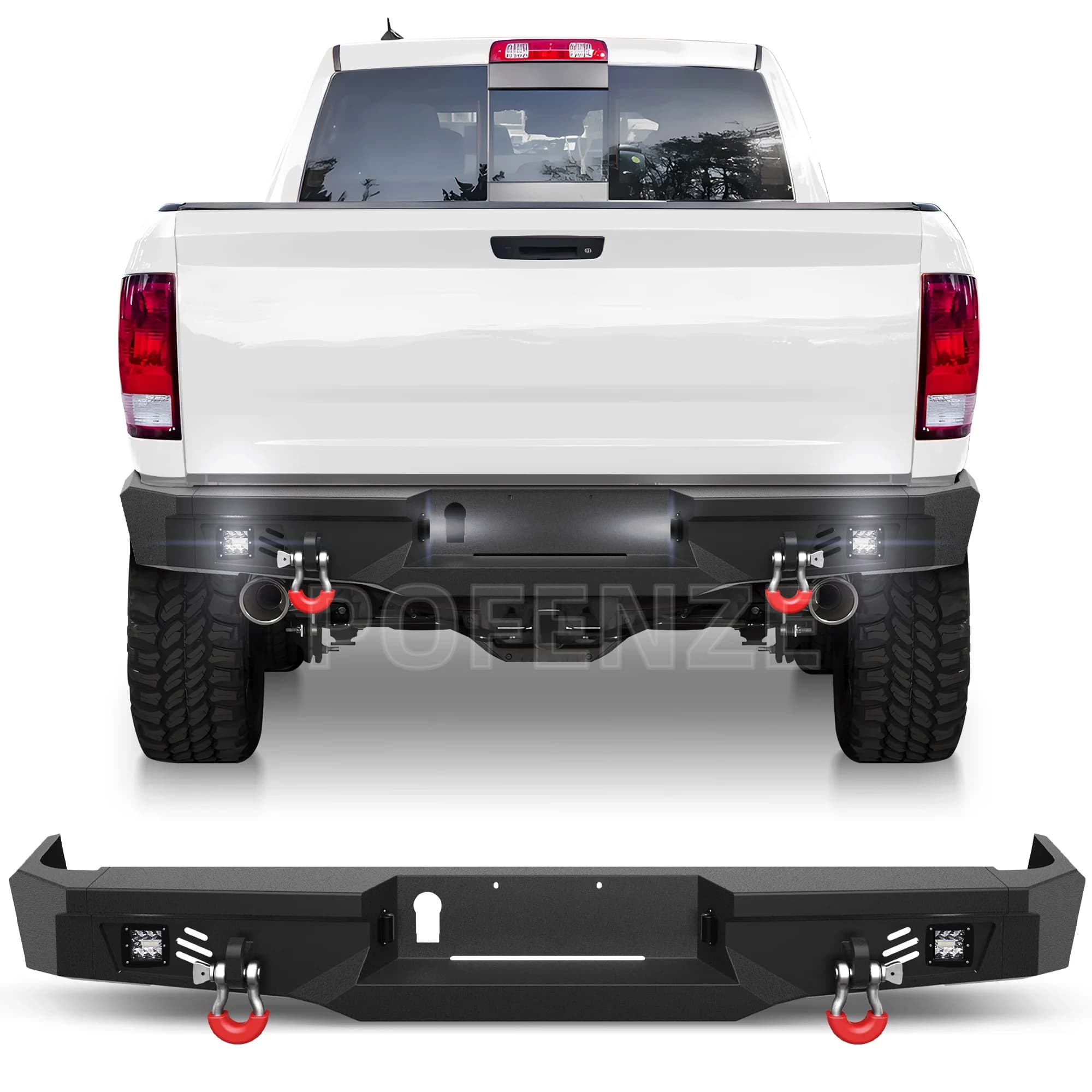 Paraurti posteriore Ram 1500 Paraurti fuoristrada a larghezza intera con piastra passo, luci 2x18w, anelli a D, luci targa per Dodge Ram 2009-2018