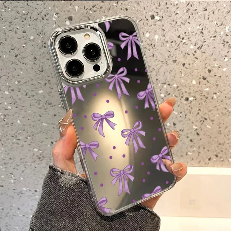 Cute Purple Bow & Polka Dot Mirror Phone Case for iPhone 11 12 13 14 Pro 15 16 Plus 17 Pro Max 16E Shockproof Aesthetic Cover