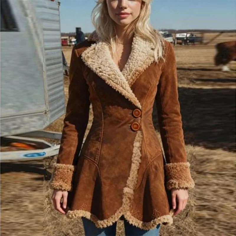 Cappotto da donna vintage Marrone Denim occidentale Peluche Autunno e inverno Cappotto caldo alla moda Giacca a vento slim fit antivento da esterno