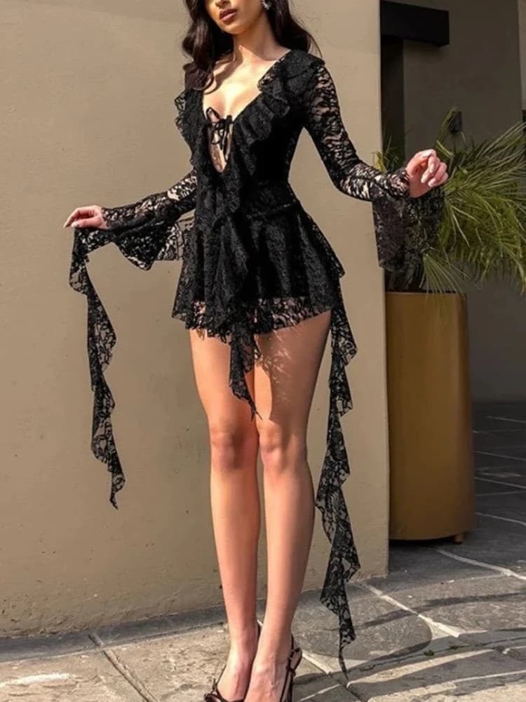 Nuovo Mini Abito da Sera da Donna Sexy in Pizzo Trasparente con Maniche Svasate a Volant e Dettagli Scavati, Stile Bandeau