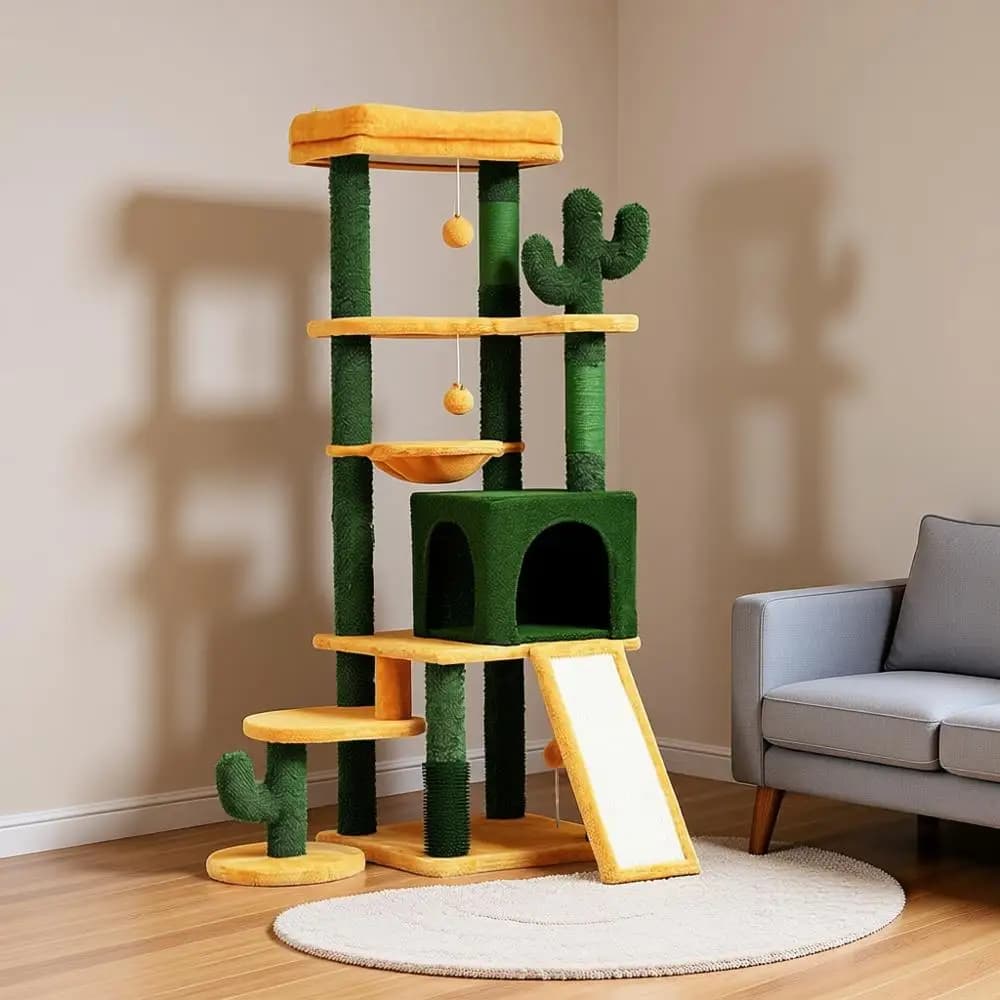 Torre per Gatti a Forma di Cactus con Spazzola Autopulente, Torre da Arrampicata 60 Pollici, Cuccia per Gatti da Interno, Piattaforma Superiore, Cesto, Tiragraffi in Sisal