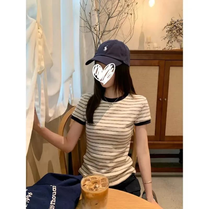 Korean Niche Contrast Trim Striped Short Sleeve T Shirt Women Slim Fit Daily Casual Summer Top S XL