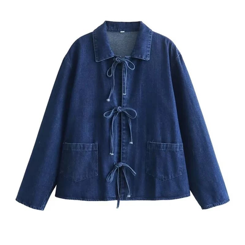 Korean Lace Up Long Sleeve Denim Jacket Women Spring Loose Turn Down Collar Denim Shirt Woman Pocket Retro Blue Outerwear Female