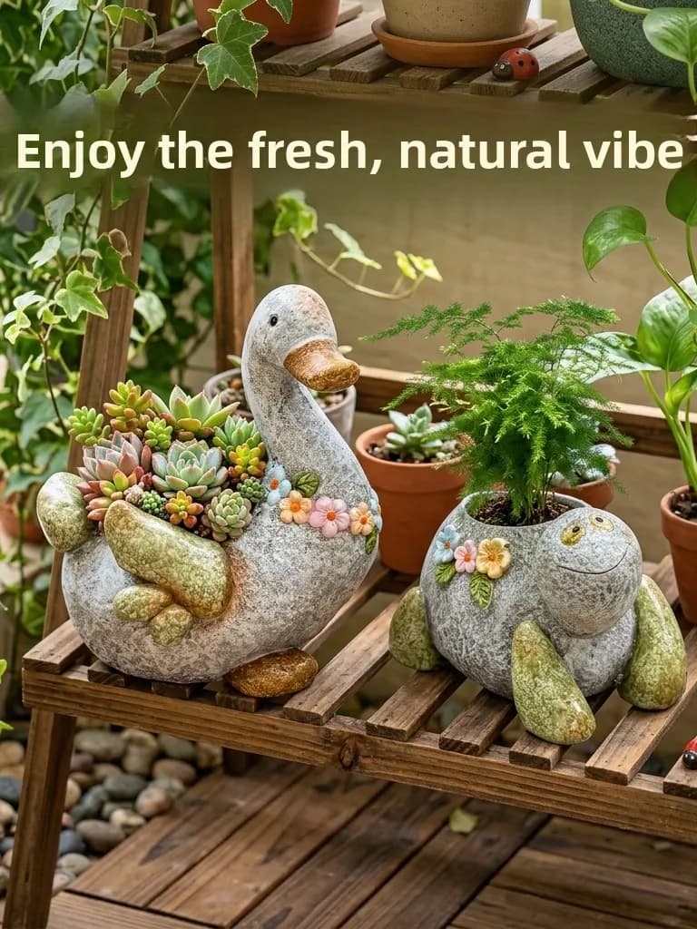 Rustic Duck Turtle Pebble Flower Pot Chinese Style Courtyard Outdoor Garden Decoration Miniature Landscape Resin Plant Pots